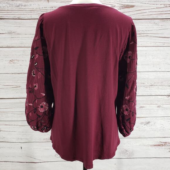 Chico's Women's Burgundy Floral Embroidery Long Sleeve Top Size 3 - Picture 12 of 12